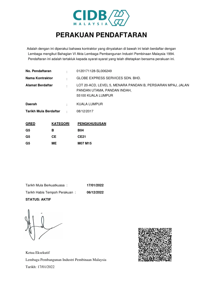 CIDB registration certificate
